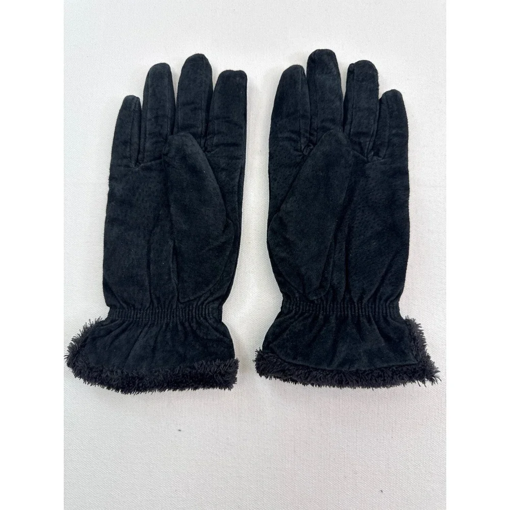 Leather Gloves Womens L Black Faux Fur Trim Elastic Wrist Winter Warm